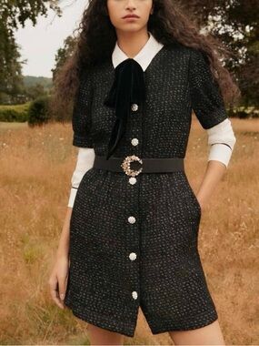 Boden | Black Academia Metallic Textured Tweed Silver Button Mini Dress ~ US 12R
